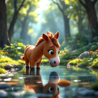 The primary subject of the image is a small horse standing in a stream of water. The horse appears to be looking at its reflection in the water. The setting is a lush green forest, with trees surrounding the stream. The visual style of the image is a combination of photo and digital art, creating a realistic yet artistic representation of the scene. The colors are predominantly green, with the water appearing blue, and the horse's fur is brown. The overall atmosphere of the image is serene and peaceful, as the